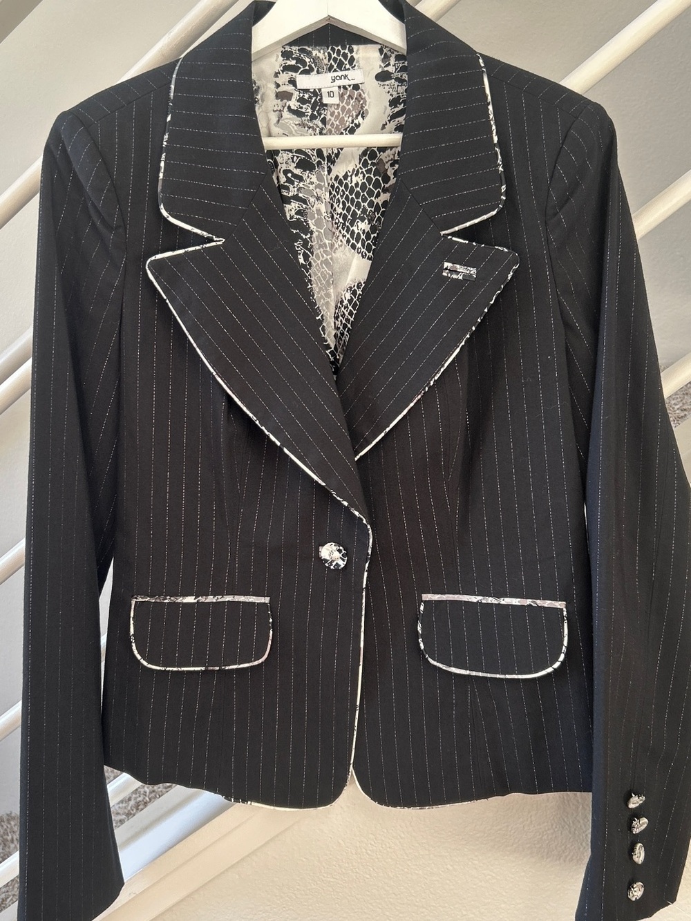 York Black Pinstripe Blazer with Contrast Trim & Snake Print Lining - Sz 10